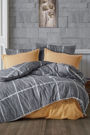 Emily Cotton Duvet Cover Set Double (4 Pieces) Duvet Cover Set Gray Mustard Q-NEV-22450 - Evlen Home Collection