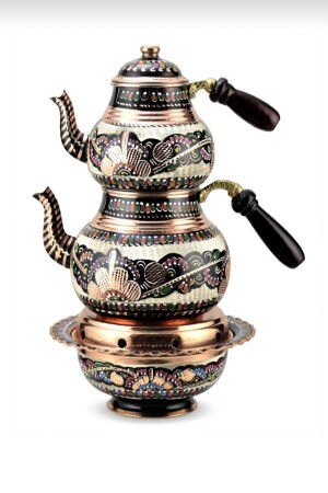 Enamel Embroidered Large Copper Teapot with Heater Istmnbç - Zinnun
