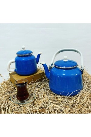 Enamel Vintage Blue Teapot Set with Double Lid ALEVÇYD3 - ALEV
