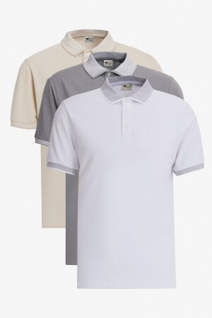 Erkek Açık Bej Beyaz-Gri Melanj-Beyaz 3'lü Çekmeyen Pamuklu Slim Fit Kıvrılmaz Polo Yaka Tişört - Ac&Co / Altınyıldız Classics