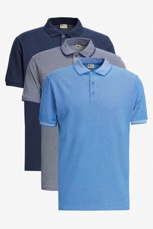 Erkek Açık Lacivert-Saks-Lacivert 3'lü Çekmeyen Pamuklu Slim Fit Kıvrılmaz Polo Yaka Tişört - Ac&Co / Altınyıldız Classics