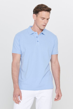 Erkek Açık Mavi %100 Pamuk Kıvrılmaz Yaka Slim Fit Dar Kesim Polo Yaka Kısa Kollu Tişört - Altınyıldız Classics
