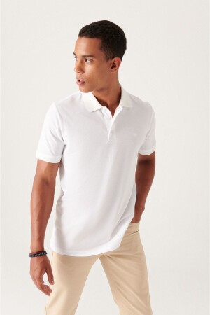 Erkek Beyaz %100 Mısır Pamuğu Regular Fit 3 Düğmeli Polo Yaka T-shirt B001027 - Avva