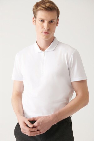Erkek Beyaz %100 Pamuk Fermuarlı Regular Fit Polo Yaka T-shirt E001034 - Avva