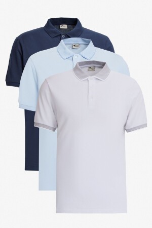 Erkek Beyaz-Lacivert-Açık Mavi 3'lü Çekmeyen Pamuklu Slim Fit Dar Kesim Kıvrılmaz Polo Yaka Tişört - Ac&Co / Altınyıldız Classics