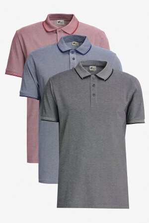 Erkek Bordo-Açık Siyah-Açık Lacivert 3'lü Çekmeyen Pamuklu Slim Fit Kıvrılmaz Polo Yaka Tişört - Ac&Co / Altınyıldız Classics