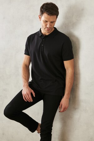 Erkek Çekmeyen Pamuklu Kumaş Slim Fit Dar Kesim Simsiyah Kıvrılmaz Polo Yaka T-shirt - Ac&Co / Altınyıldız Classics