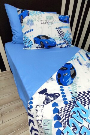 Erkek Çocuk Mavi Arabalı 4 Parça Lastikli Çarşaflı (100X200CM) Tek Kişilik Nevresim Takımı cndnmaviarabalıtk - CANDAN ÇEYİZ