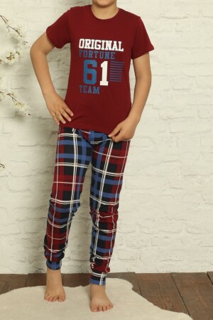 Erkek Çocuk Pijama Takımı Kısa Kollu Pamuk Garson Likralı Bordo Mavi 61 Bordo NIC1043 - Tom John