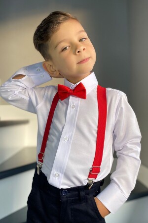 Erkek Çocuk Uzun Kol Beyaz Gömlek Askı Papyon 3'lü Takım - Entel