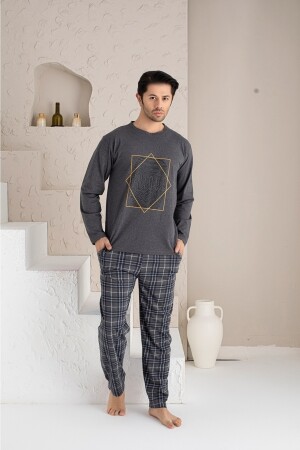 Erkek Ekose Desenli Uzun Kollu Sıfır Yaka Pijama Takımı ATP0046 - sebura