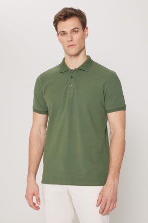 Erkek Haki %100 Pamuk Kıvrılmaz Yaka Slim Fit Dar Kesim Polo Yaka Kısa Kollu Tişört - Altınyıldız Classics