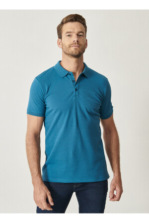Erkek Havacı Mavi %100 Pamuk Kıvrılmaz Yaka Slim Fit Dar Kesim Polo Yaka Kısa Kollu Tişört - Altınyıldız Classics