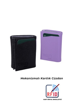 Erkek-kadın 2 Li Siyah-lila Set Otomatik Mekanizmalı Kağıt Para Bölmeli Deri Cüzdan-kartlık cym5 - Walle's Polo