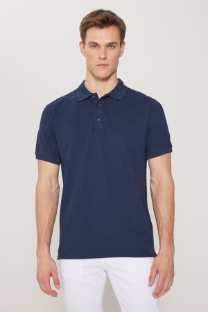 Erkek Lacivert %100 Pamuk Kıvrılmaz Yaka Slim Fit Dar Kesim Polo Yaka Kısa Kollu Tişört - Altınyıldız Classics