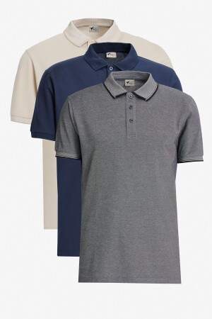 Erkek Lacivert-Açık Bej Beyaz-Açık Siyah 3'lü Çekmeyen Pamuklu Slim Fit Kıvrılmaz Polo Yaka Tişört - Ac&Co / Altınyıldız Classics
