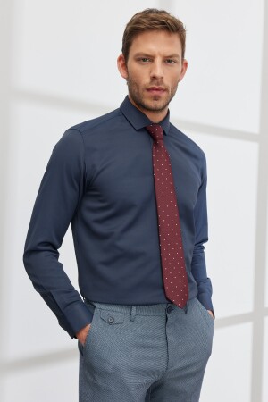 Erkek Lacivert Slim Fit Dar Kesim Italyan Yaka Armürlü Gömlek 4A2000000060 - AC&Co / Altınyıldız Classics
