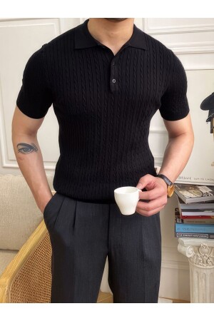 Erkek Polo Yaka Pamuk Saç Örgülü Slim Fit Kısa Kollu Ince Triko Tişört - Livio Ferri