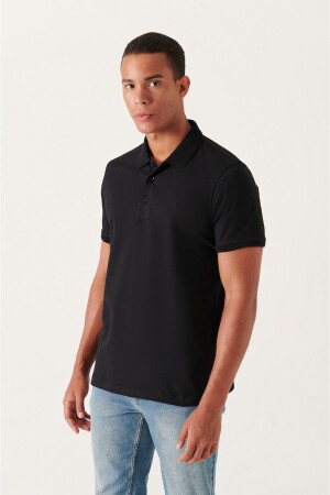 Erkek Siyah %100 Mısır Pamuğu Regular Fit 3 Düğmeli Polo Yaka T-shirt B001027 - Avva