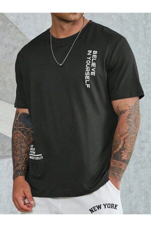 Erkek Siyah Believe Baskılı Oversize T-shirt - Altamira