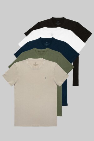 Erkek Siyah Beyaz Haki Gri Lacivert %100 Pamuklu 5 Li T-shirt Paketi - Combine Michail