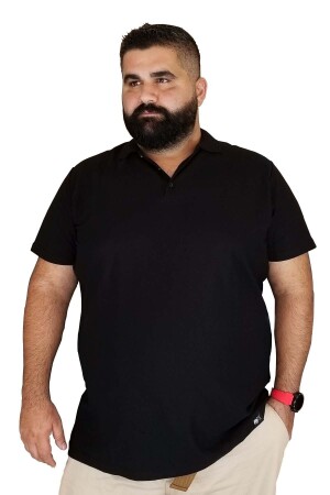 Erkek Siyah Büyük Beden Polo Yaka Cepsiz T-shirt - Xanimal
