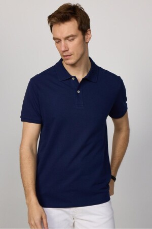 Erkek Slim Fit Dar Kesim %100 Pamuk Düz Pike Lacivert Polo Yaka Tişört - Tudors
