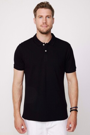 Erkek Slim Fit Dar Kesim %100 Pamuk Düz Pike Siyah Polo Yaka Tişört - Tudors