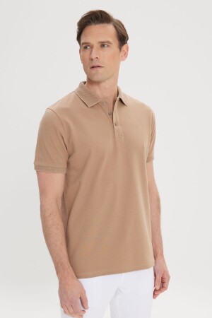 Erkek Vizon %100 Pamuk Kıvrılmaz Yaka Slim Fit Dar Kesim Polo Yaka Kısa Kollu Tişört - Altınyıldız Classics