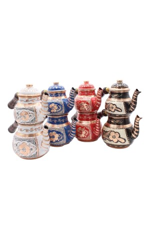 Erzincan Hand Embroidered Wooden Handle Flowered Copper Teapot Small Set CCA1029 - COPPERDONE