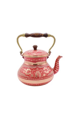 Erzincan Hand Embroidered Wooden Handle Single Copper Teapot Large Size Red CCA1018 - COPPERDONE