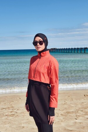 Esila Orange Black Gilet 5-teiliges Hijab-Badeanzug-Set - Haşema