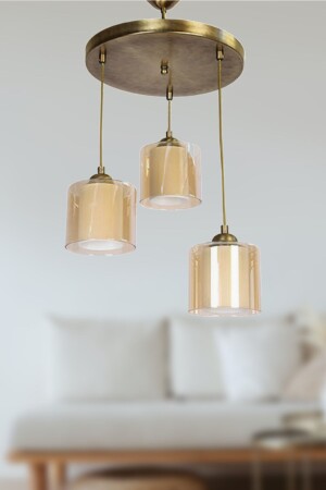 Esila Retro Antique Color Double Honey Glass Chandelier Pendant Lamp Living Room - Kitchen - Bedroom 3-Piece Chandelier Çiftcamesküçlü - Fer Avize