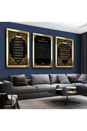 Esmaül Hüsna, Ayetel Kursi, Fatiha Surah Religious Gold Plexiglass Edge 3 Piece MDF Painting Set ZMDTMP-23 - Zevahir Mobilya Dekorasyon