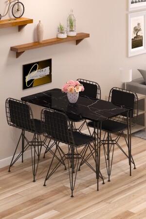 Esstisch-Set, Küchentisch, 4-teilig, Drahtstühle mit Rückenkissen, 1-teiliger Tisch 60 x 120, dünn, schwarz mit schwarzen Kissen - Cosargroup
