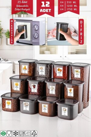 Beschriftetes 12-teiliges, anthrazitfarbenes, wirtschaftliches, unzerbrechliches Vorratsbehälter-Set mit 1,75/1,2/0,55 Lt NDY-EKO-1 - Nandy Home