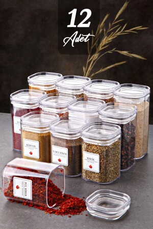 Etiketli 12'li Vakumlu Premium Baharatlık Takımı - Sızdırmaz Kapaklı Akrilik Mika Baharatlık Seti MCH09050 - Kitchen Life