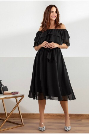 Evening Dress - Evening Dress Women Ballerina Collar Plus Size Midi Length Sleeveless Black Chiffon Dress - Novin