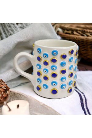 Evil Eye Bead Patterned Handmade Large Size Glass with Handle Mug with Evil Eye mix handle - sim atölye