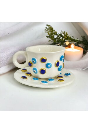 Evil Eye Bead Patterned Handmade Turkish Coffee Cup Evil eye turkish mixed - sim atölye