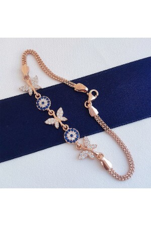 Evil Eye Beaded Butterfly Silver Bracelet - Gümüş Pazarım