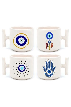 Evil Eye Beaded Eye Printed Set of 4 Handmade T-Handled Cups TKULP0001 - Öz Kupa