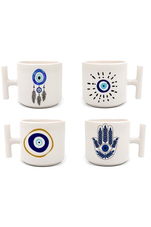 Evil Eye Beaded Eye Themed Printed Latte & Espresso Handmade T-Handled 4-Piece Mug S28 - GünayStore