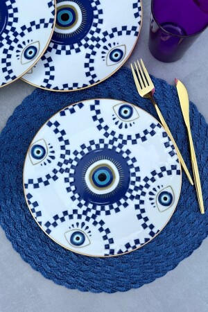 Evil Eye Beaded Gold Gilded 25 Cm Porcelain Modern Blue Serving Plate Set for 6 Persons PDNZ25CMSS - porselenden