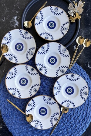 Evil Eye Boncugu 6 Piece 11 Cm Porcelain Matte Gold Gilt Tea Plate Set for 6 Persons PDNB06CT520 - porselenden