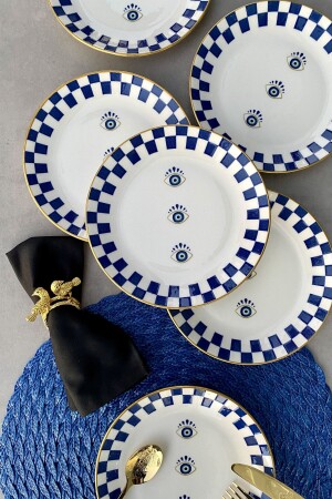 Evil Eye Gold Gilded Porcelain Cake Set for 6 Persons with Gold Detail - Porselenden