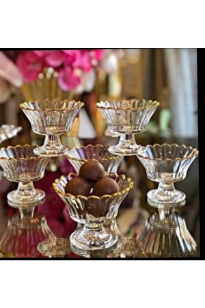 Evim Dekor Glassware 6-Piece Magnolia Footed Gold Detailed Sugar Bowl Snack Bowl Jam Holder Presentation Bowl Magnolia 6-piece bowl with gold detail - Rayan