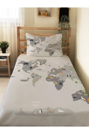EVMILA World Map Patterned Baby and Kids Printed Single Pique Set 160x230 Gray 28391 - Evmila