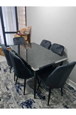 Extendable Dining Table Set 100% MDF Table Set Black Marble Patterned Dining Table - Kristal Evim