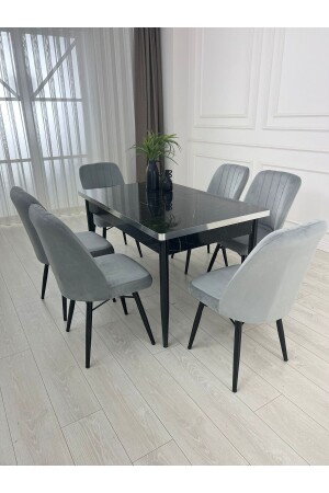 Extendable Dining Table Set MDF Table Set Black Marble Patterned Dining Table - Kristal Evim